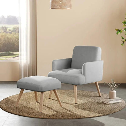Wooden Legs Velvet Armchair Chair with Footrest - House Comfort