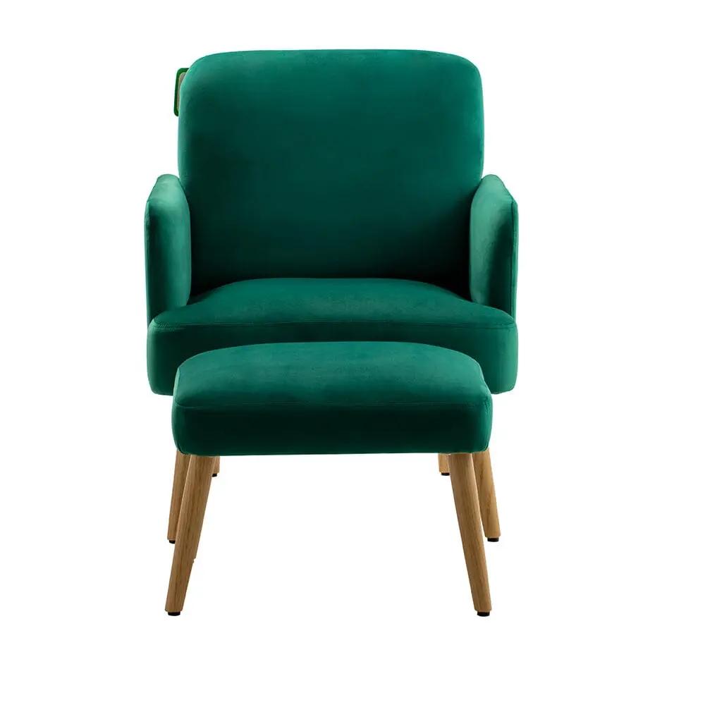 Wooden Legs Velvet Armchair Chair with Footrest - House Comfort