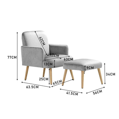 Wooden Legs Velvet Armchair Chair with Footrest - House Comfort