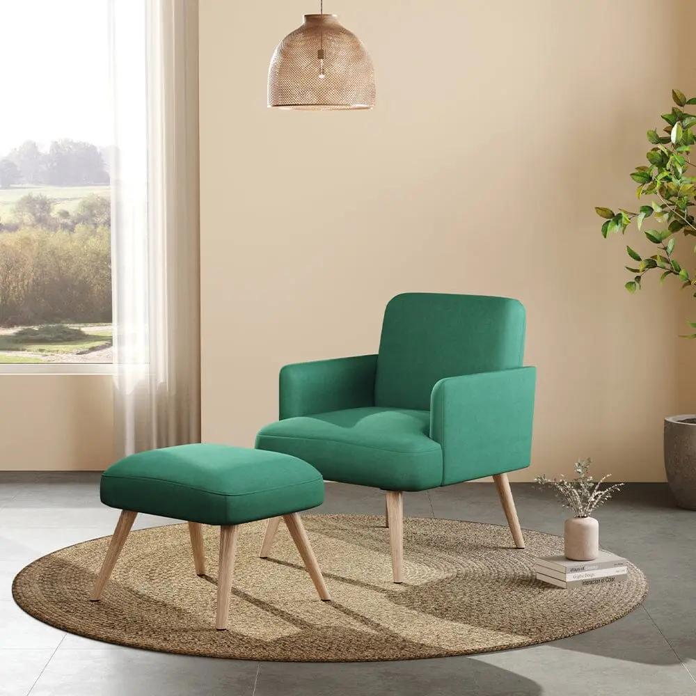 Wooden Legs Velvet Armchair Chair with Footrest - House Comfort