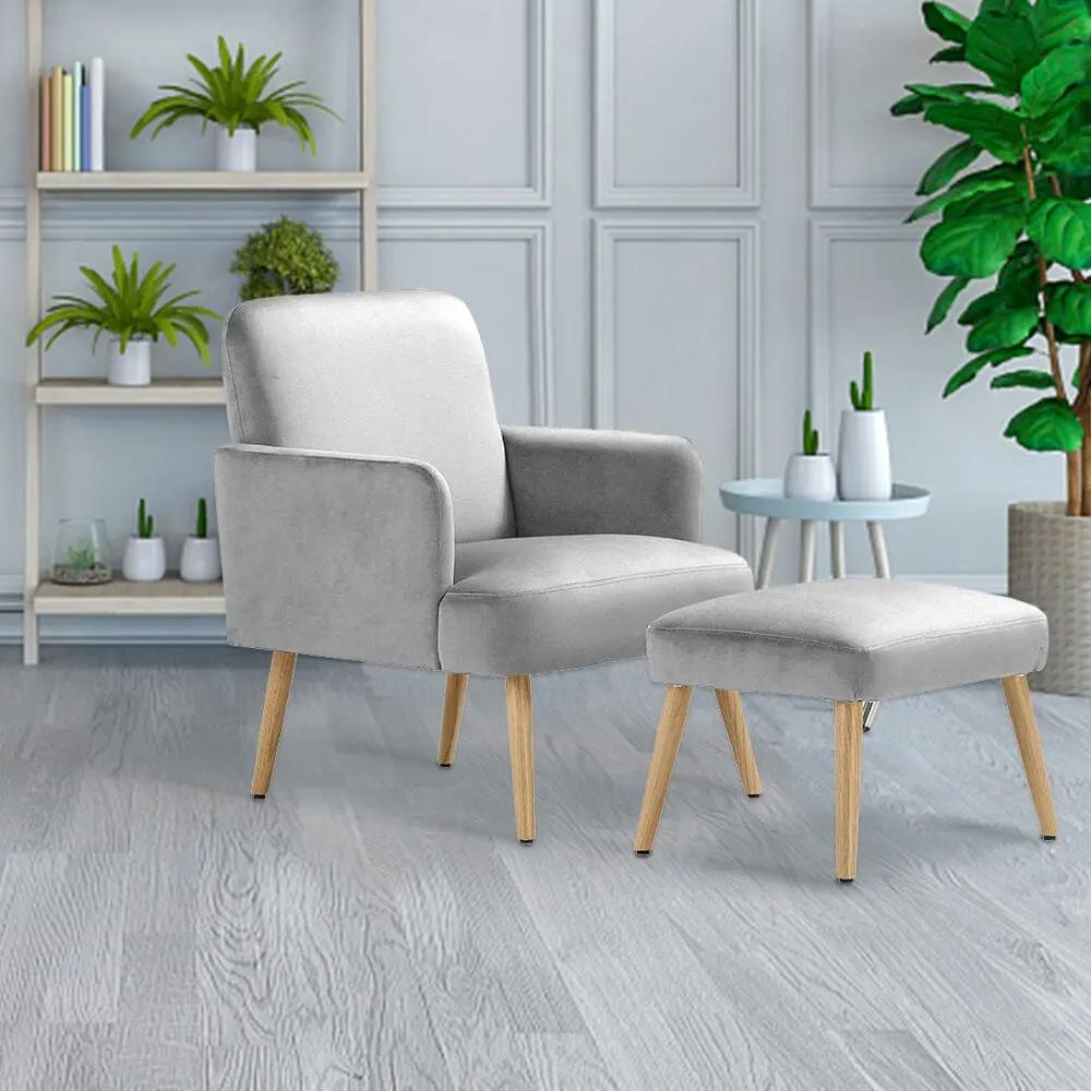 Wooden Legs Velvet Armchair Chair with Footrest - House Comfort