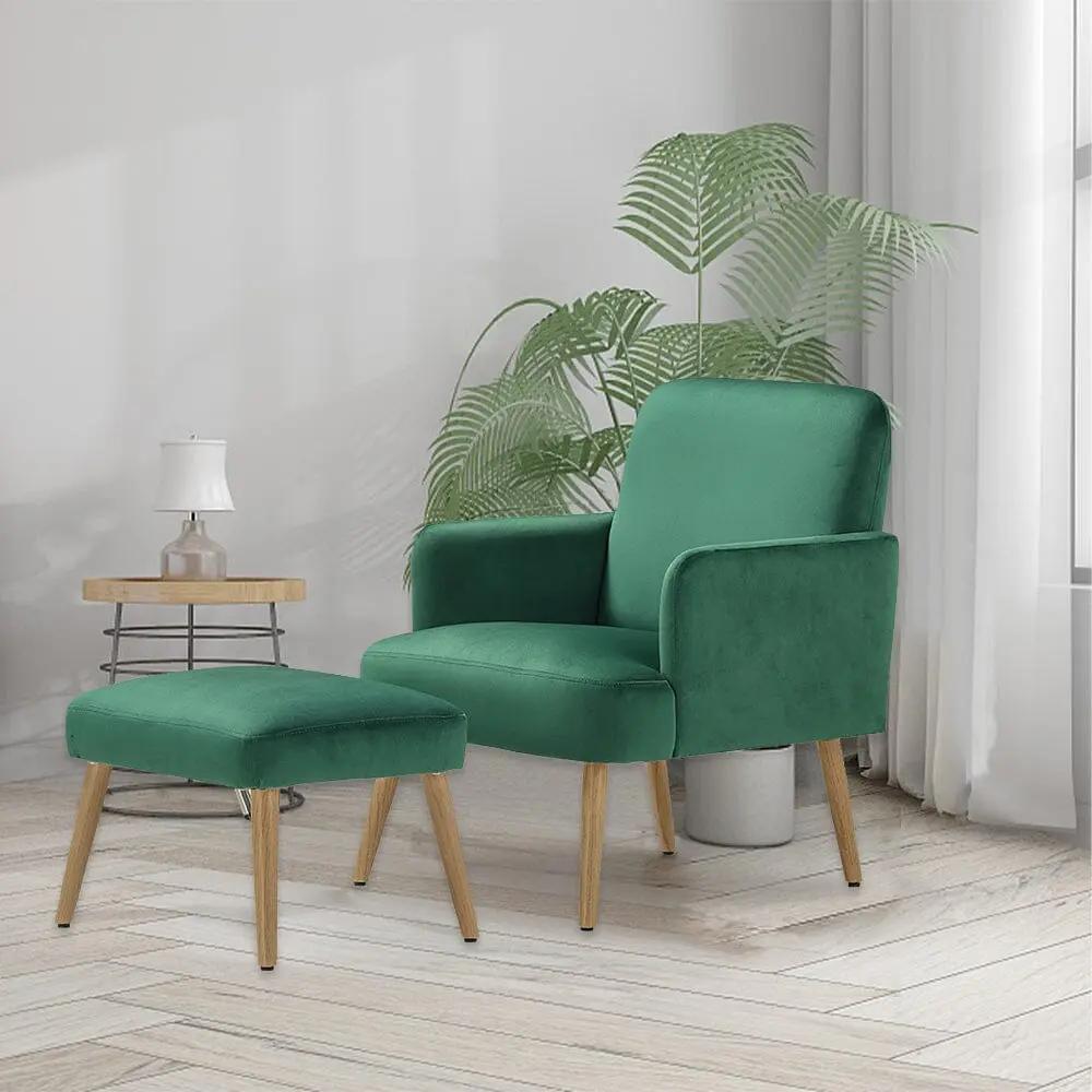 Wooden Legs Velvet Armchair Chair with Footrest - House Comfort