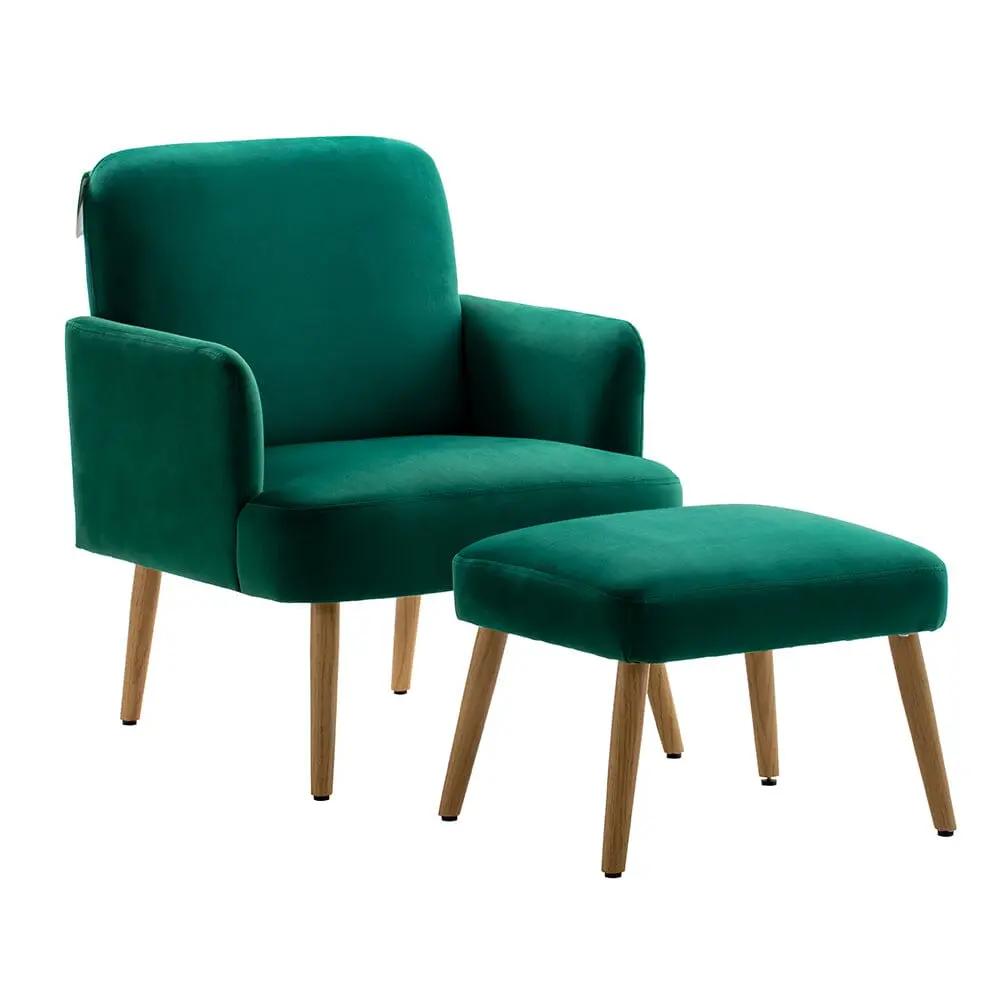 Wooden Legs Velvet Armchair Chair with Footrest - House Comfort