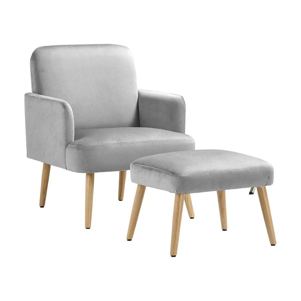 Wooden Legs Velvet Armchair Chair with Footrest - House Comfort