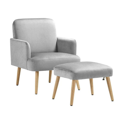 Wooden Legs Velvet Armchair Chair with Footrest - House Comfort